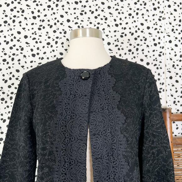 NEW Ming Wang | Black Metallic Knit Lace Trim 3/4 Sleeve Sweater Jacket S NWT - Picture 3 of 9